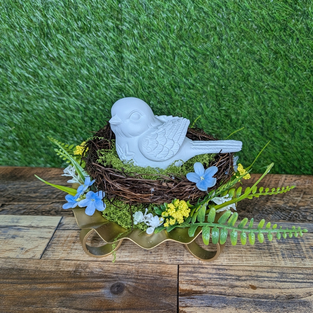 Ceramic Bird Nest Centerpiece with Blue Florals